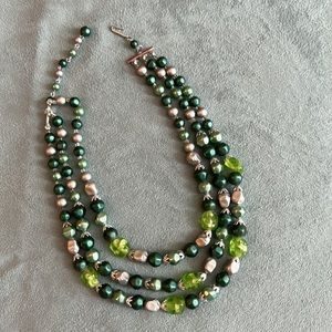 Triple strand, green and silver pearlescent beads, made in Japan
